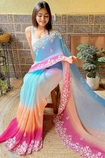 blue blue ethnic motifs embroidered sequinned detailed poly georgette saree