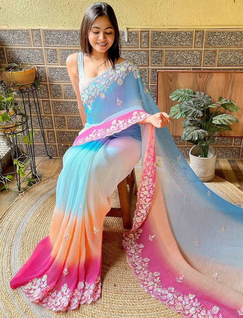 blue blue ethnic motifs embroidered sequinned detailed poly georgette saree