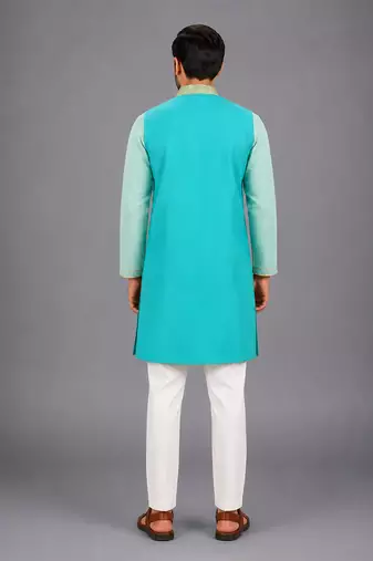 Teal multicolor cotton silk Men Kurta Set
