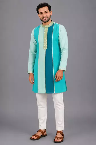 Teal multicolor cotton silk Men Kurta Set