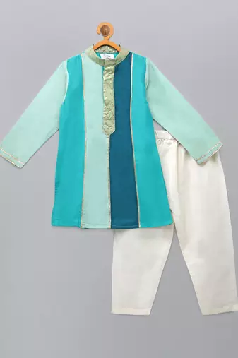 Teal multicolor cotton silk Men Kurta Set