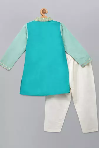 Teal multicolor cotton silk Men Kurta Set