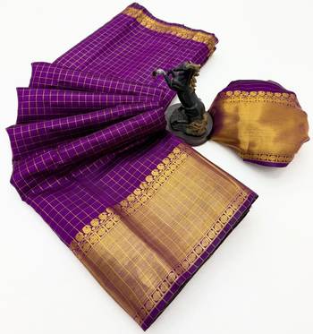 purple checkered banarasi silk blend saree 1