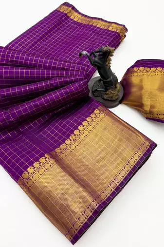 purple checkered banarasi silk blend saree
