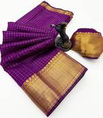 purple checkered banarasi silk blend saree