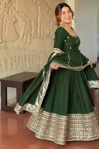 Green embroidered anarkali kurta set with pant and dupatta for women