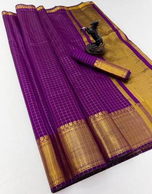 purple checkered banarasi silk blend saree 2