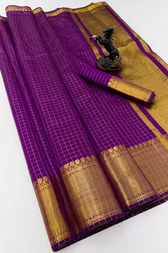 purple checkered banarasi silk blend saree