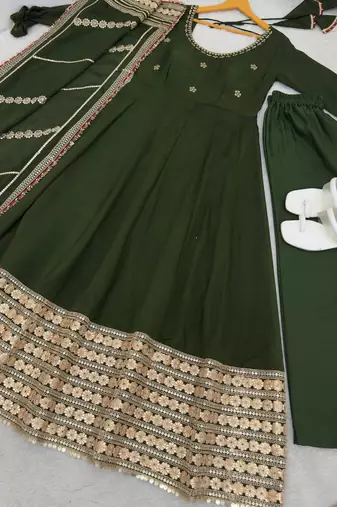 Green embroidered anarkali kurta set with pant and dupatta for women