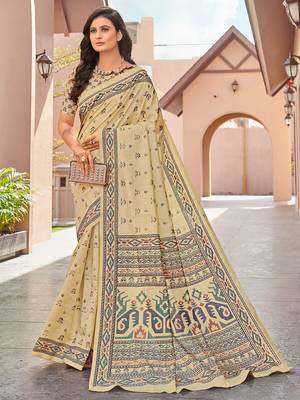 beige beige & green ethnic motifs art silk ikat saree 1