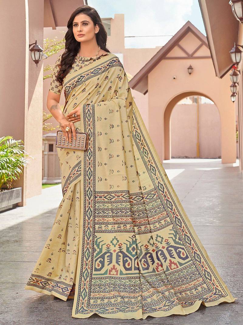beige beige & green ethnic motifs art silk ikat saree