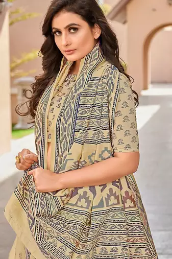 beige beige & green ethnic motifs art silk ikat saree