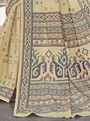 beige beige & green ethnic motifs art silk ikat saree 3