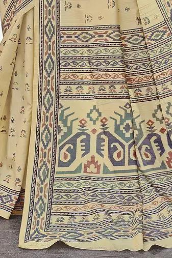 beige beige & green ethnic motifs art silk ikat saree