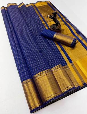blue checkered banarasi silk blend saree 2