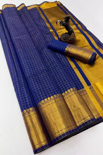 blue checkered banarasi silk blend saree
