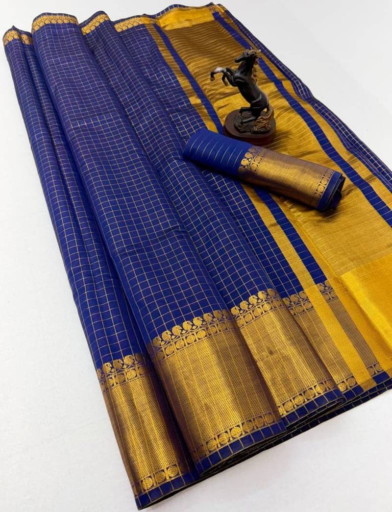 blue checkered banarasi silk blend saree