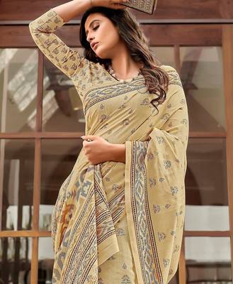 beige beige & pink ethnic motifs art silk ikat saree 2