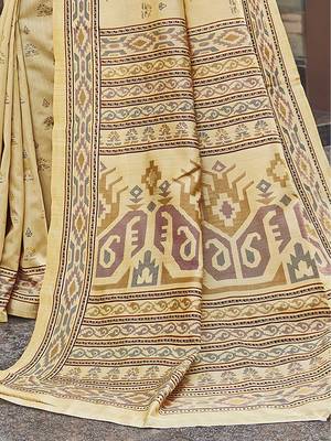 beige beige & pink ethnic motifs art silk ikat saree 3