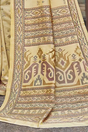 beige beige & pink ethnic motifs art silk ikat saree