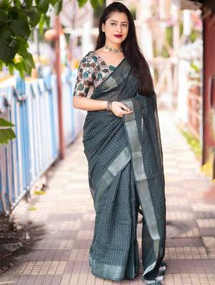 teal embellished zari linen saree 1