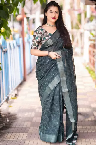 teal embellished zari linen saree