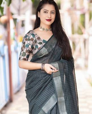 teal embellished zari linen saree 2