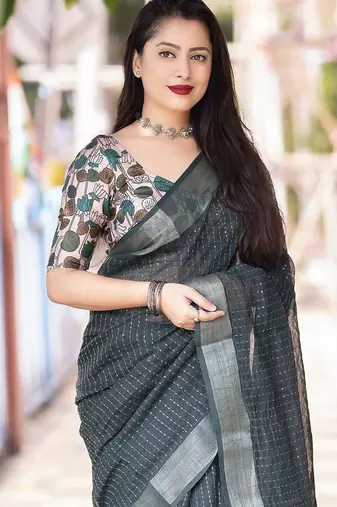 teal embellished zari linen saree