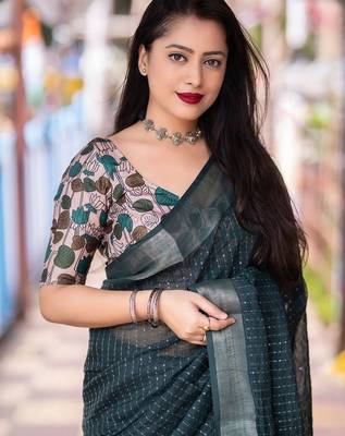 teal embellished zari linen saree 3