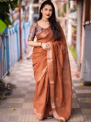 orange embellished zari saree with unstitched blouse piece 1