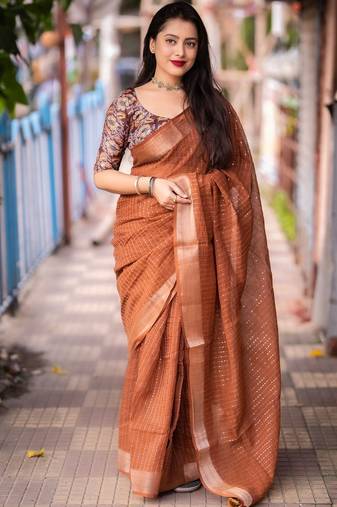 orange embellished zari saree with unstitched blouse piece
