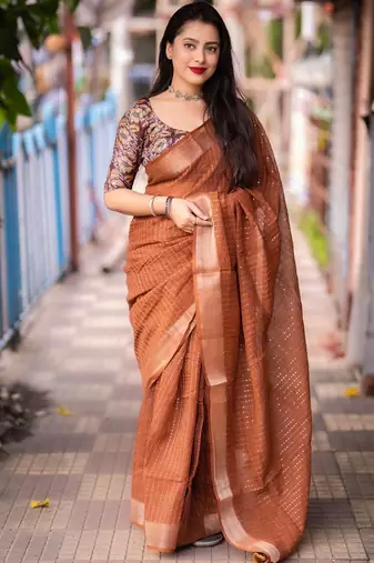 orange embellished zari saree with unstitched blouse piece