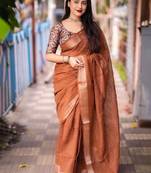 orange embellished zari saree with unstitched blouse piece