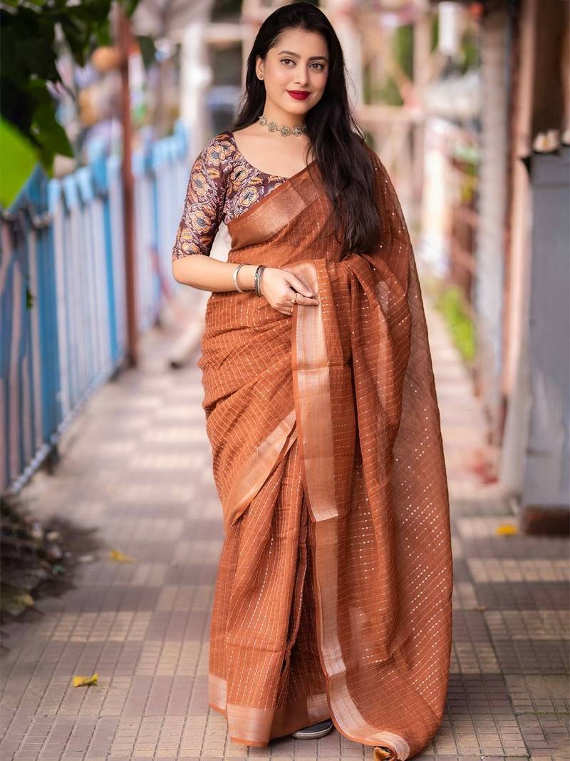 orange embellished zari saree with unstitched blouse piece