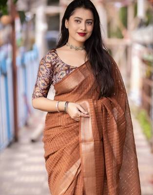 orange embellished zari saree with unstitched blouse piece 2