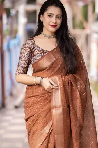 orange embellished zari saree with unstitched blouse piece