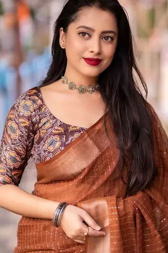 orange embellished zari saree with unstitched blouse piece