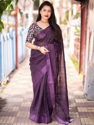 purple embellished sequinned linen saree 1