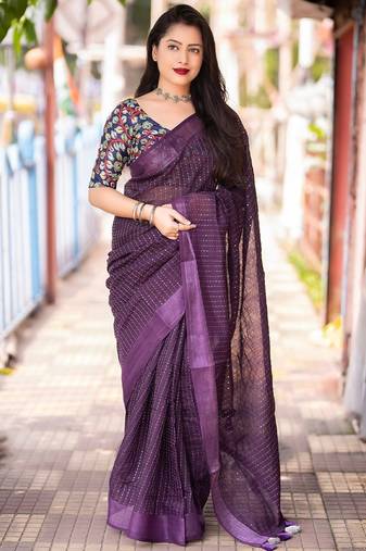 purple embellished sequinned linen saree