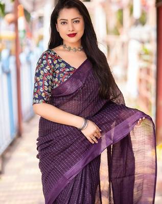 purple embellished sequinned linen saree 2