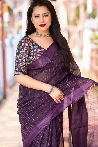 purple embellished sequinned linen saree