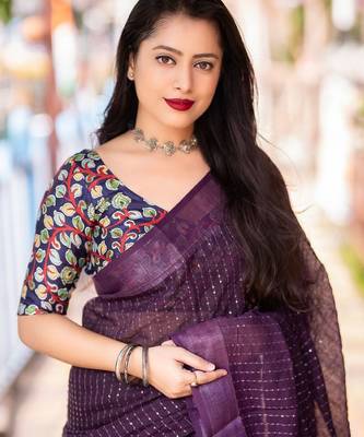 purple embellished sequinned linen saree 3