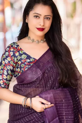 purple embellished sequinned linen saree
