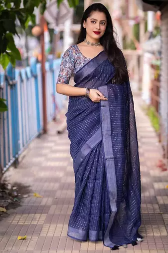 blue embellished sequinned linen saree