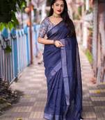 blue embellished sequinned linen saree