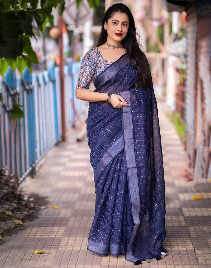 blue embellished sequinned linen saree