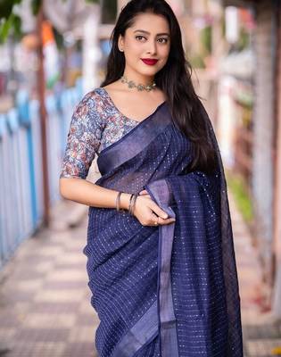 blue embellished sequinned linen saree 2