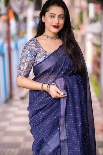 blue embellished sequinned linen saree