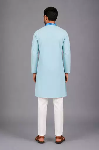 pastel blue printed cotton silk kurta set for men
