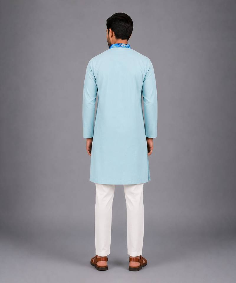 pastel blue printed cotton silk kurta set for men